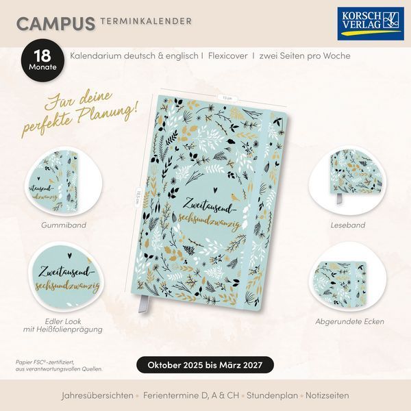Terminkalender Campus Mint Flowers 18 Monate 2026/2027