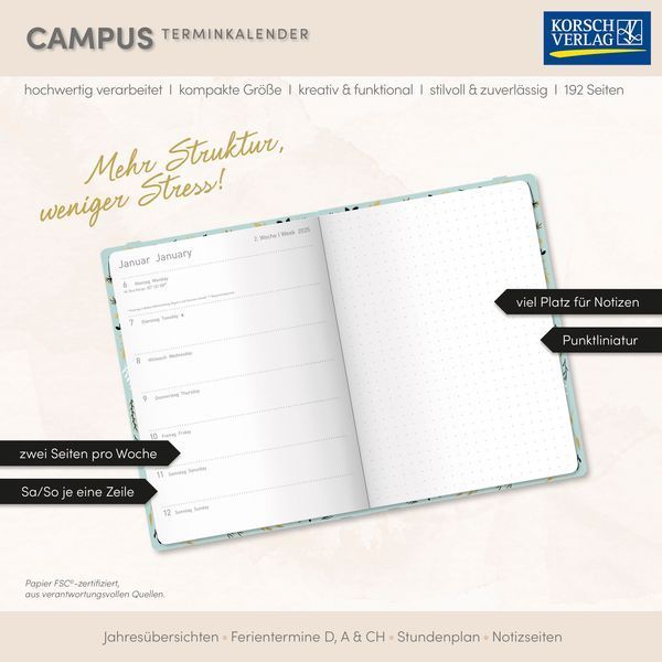 Terminkalender Campus Mint Flowers 18 Monate 2026/2027