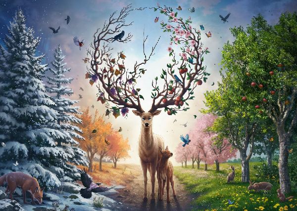 Erwachsenenpuzzle 1000 Teile - Der magische Hirsch und die vier Jahreszeiten