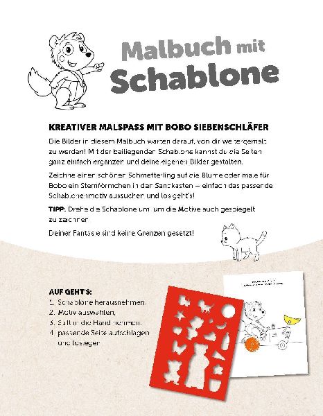 Bobo Siebenschläfer Malbuch mit Schablone. Zeichnen und Malen für Kinder ab 4 Jahren