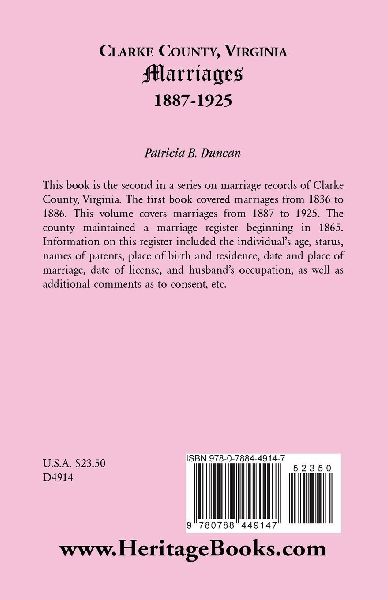 Clarke County, Virginia Marriages, 1887-1925