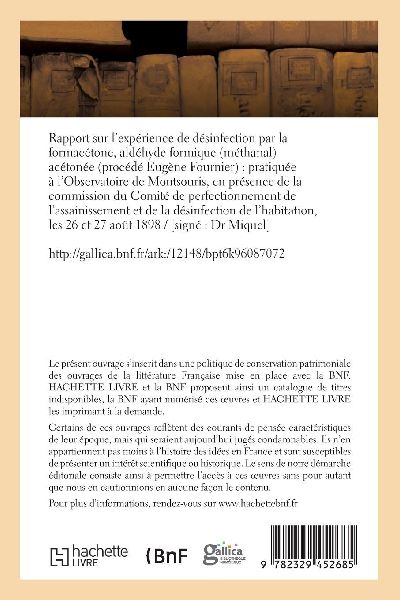 Rapport sur l'expérience de désinfection par la formacétone, aldéhyde formique  acétonée