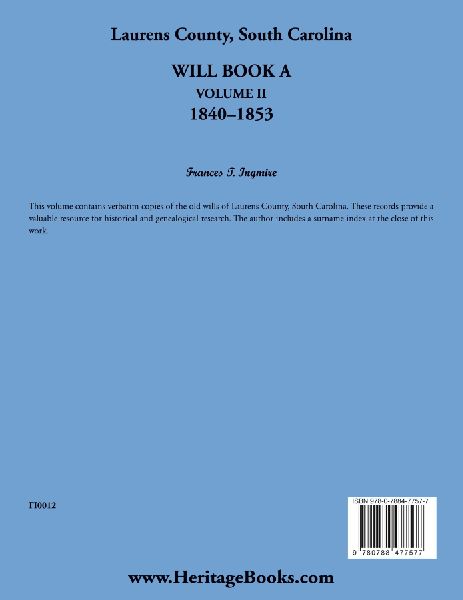 Laurens County, South Carolina Will Book A, Volume II, 1840-1853