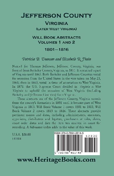 Jefferson County, Virginia (Later West Virginia), Will Book Abstracts, Volumes 1 and 2, 1801-1816