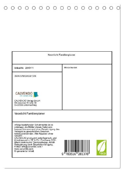 Neonlicht Familienplaner (Tischkalender 2026 DIN A5 hoch), CALVENDO Monatskalender