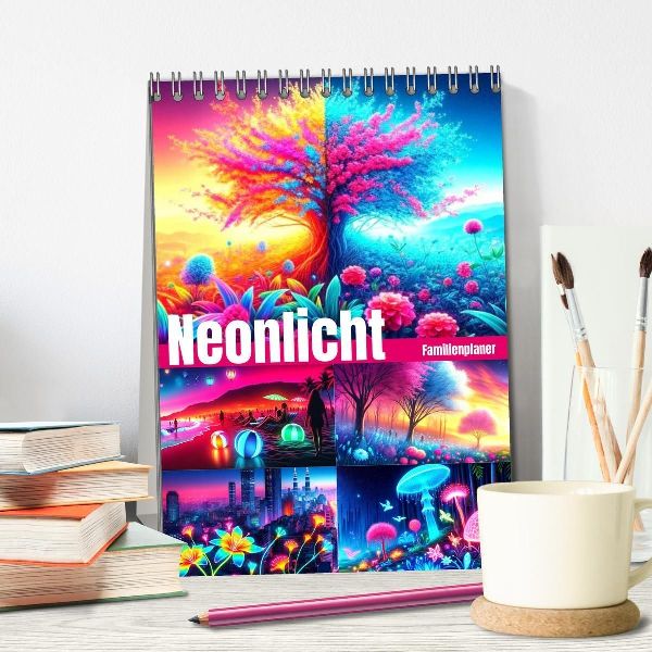 Neonlicht Familienplaner (Tischkalender 2026 DIN A5 hoch), CALVENDO Monatskalender