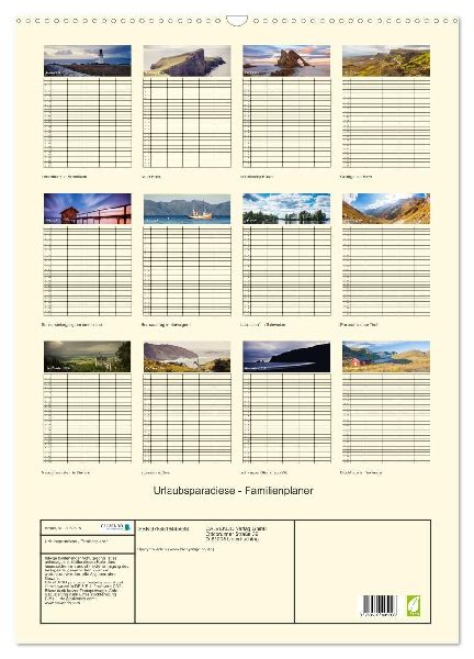 Urlaubsparadiese - Familienplaner (Wandkalender 2026 DIN A2 hoch), CALVENDO Monatskalender