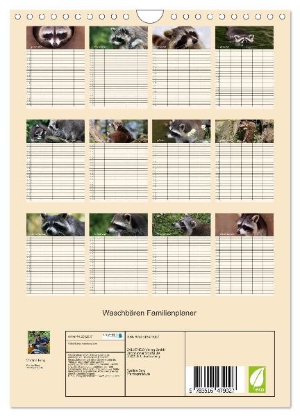 Waschbären Familienplaner (Wandkalender 2026 DIN A4 hoch), CALVENDO Monatskalender