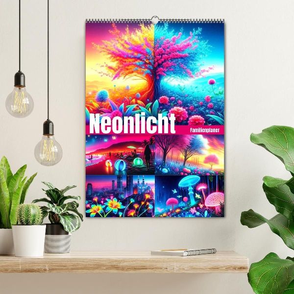 Neonlicht Familienplaner (Wandkalender 2026 DIN A2 hoch), CALVENDO Monatskalender