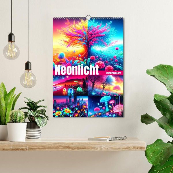 Neonlicht Familienplaner (Wandkalender 2026 DIN A3 hoch), CALVENDO Monatskalender