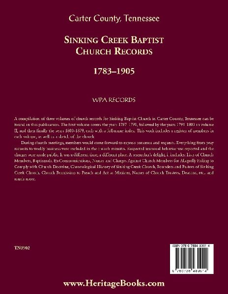 Sinking Creek Baptist Church Records, Carter County, Tennessee, 1783-1905