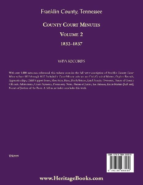 Franklin County, Tennessee County Court Minutes, Volume 2, 1832-1837