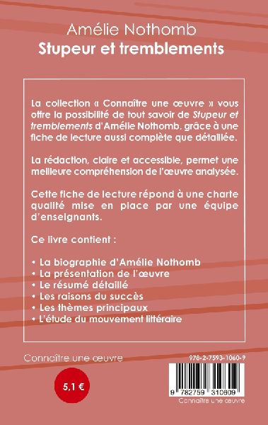 Fiche de lecture Stupeur et tremblements de Amélie Nothomb (analyse littéraire de référence et résumé complet)