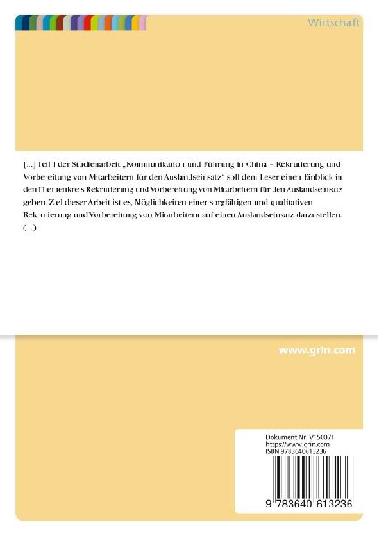 Kommunikation und Führung in China. Rekrutierung und Vorbereitung von Mitarbeitern auf den Auslandseinsatz