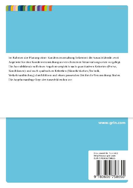 Angebotsvergleich zur Auswahl von Räumlichkeiten für eine Kundenveranstaltung (Unterweisungsentwurf Bürokaufmann, -frau)