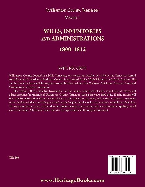Williamson County, Tennessee Wills, Inventories and Administrations, 1800-1812, Volume 1