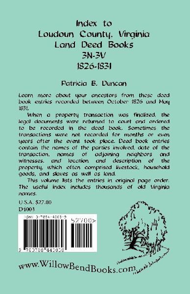 Index to Loudoun County, Virginia Land Deed Books, 3n-3v, 1826-1831