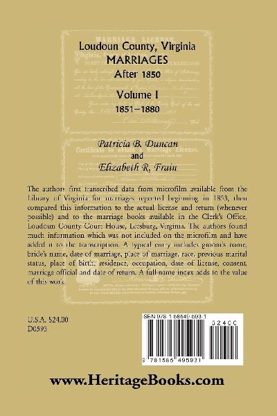 Loudoun County, Virginia Marriages After 1850, Volume 1, 1851-1880