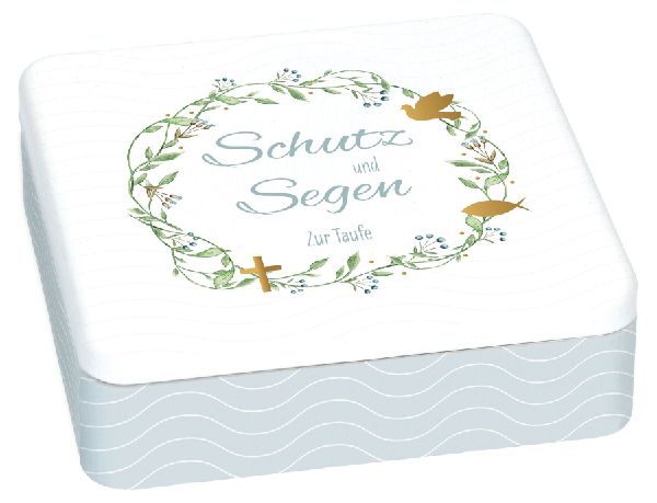 Geschenkset zur Taufe mit bedruckter Metalldose, wattiertem Ge...