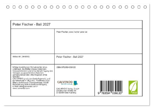 Peter Fischer - Bali 2027 (Tischkalender 2027 DIN A5 quer), CALVENDO Monatskalender