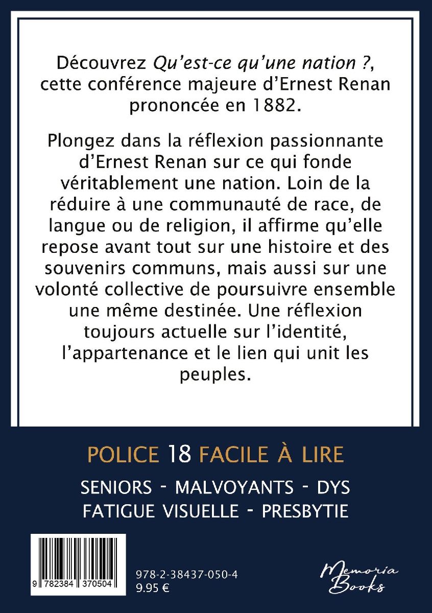 Qu'est-ce qu'une nation ? d'Ernest Renan en grands caractères
