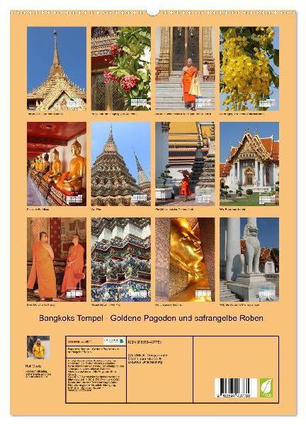 Bangkoks Tempel - Goldene Pagoden und safrangelbe Roben (hochwertiger Premium Wandkalender 2027 DIN A2 hoch), Kunstdruck in Hochglanz
