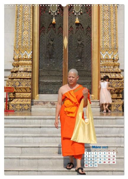 Bangkoks Tempel - Goldene Pagoden und safrangelbe Roben (hochwertiger Premium Wandkalender 2027 DIN A2 hoch), Kunstdruck in Hochglanz